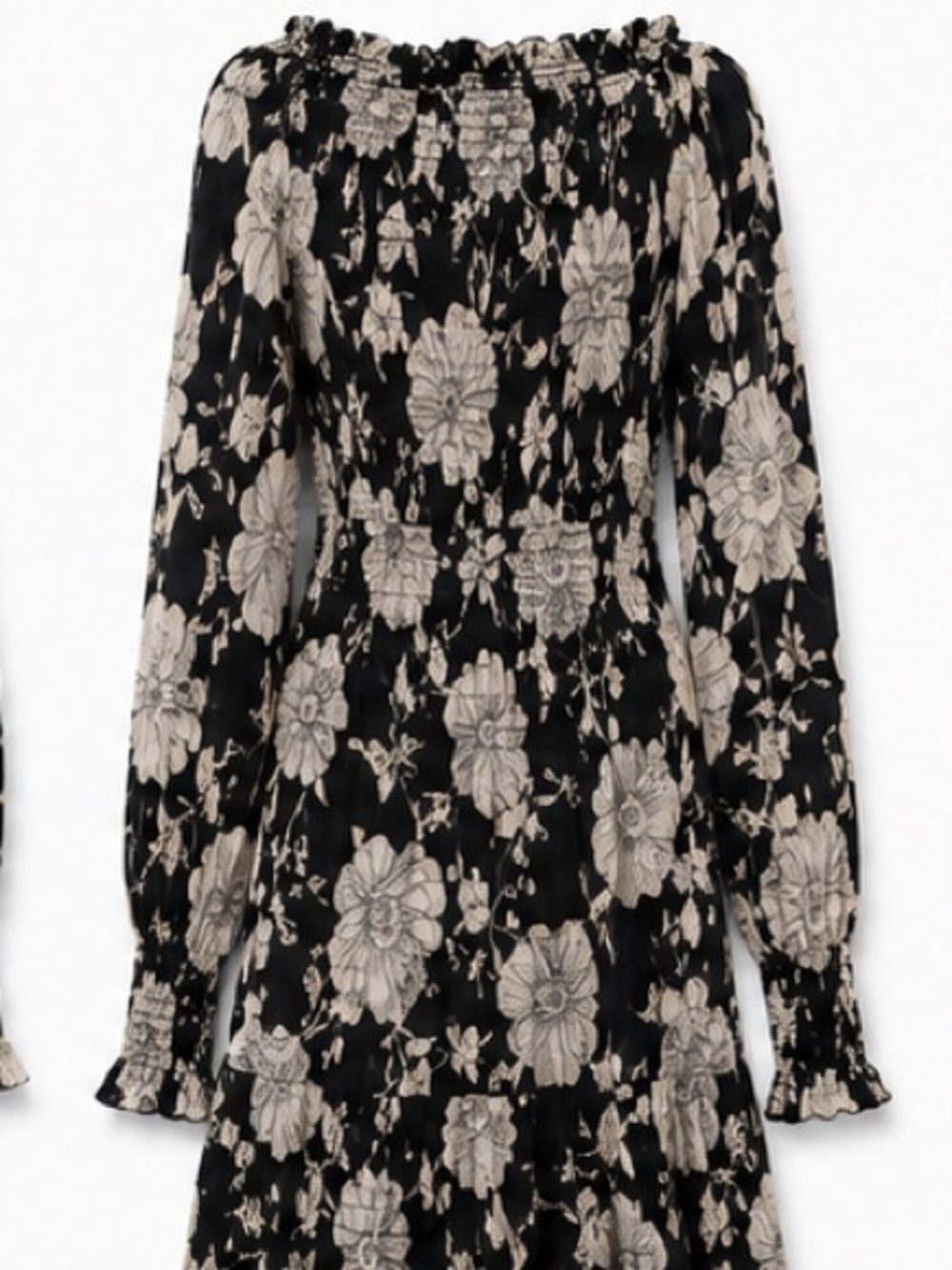 INTERMIX Black Ivory Floral Smocked Dress Made in NY Size S Off Shoulder